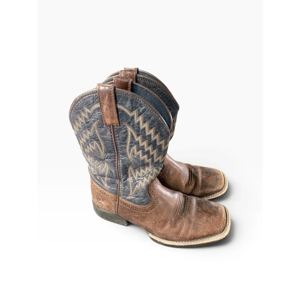 Ariat Kids Brown Blue Leather Square Toe Western Cowboy Boots READ